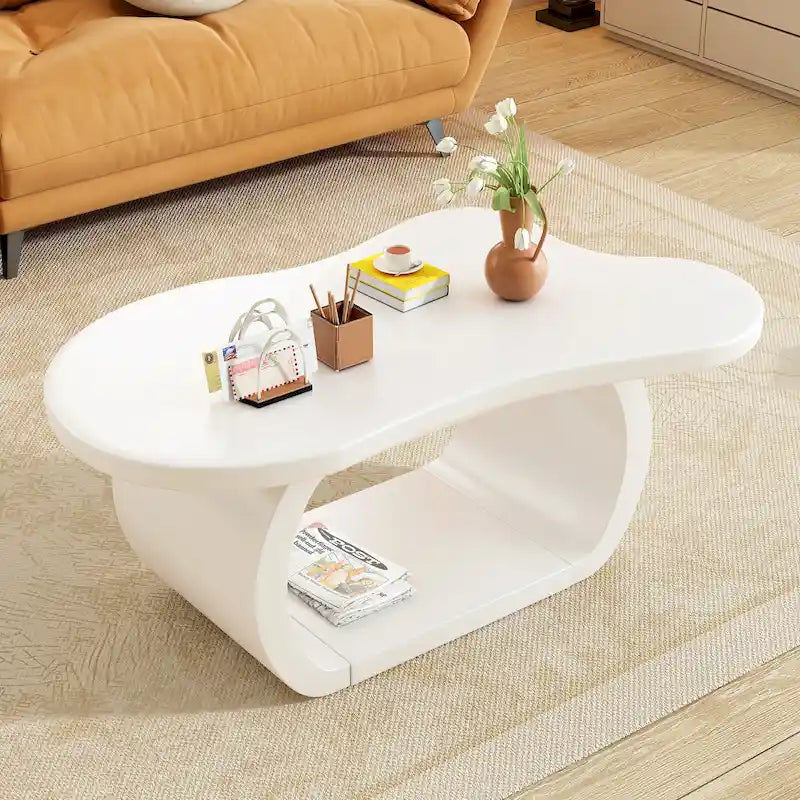 Table basse nuage moderne avec plateau de 1.5 d’épaisseur, table d’appoint irrégulière couleur crème aux pieds courbés, table décorative au design unique