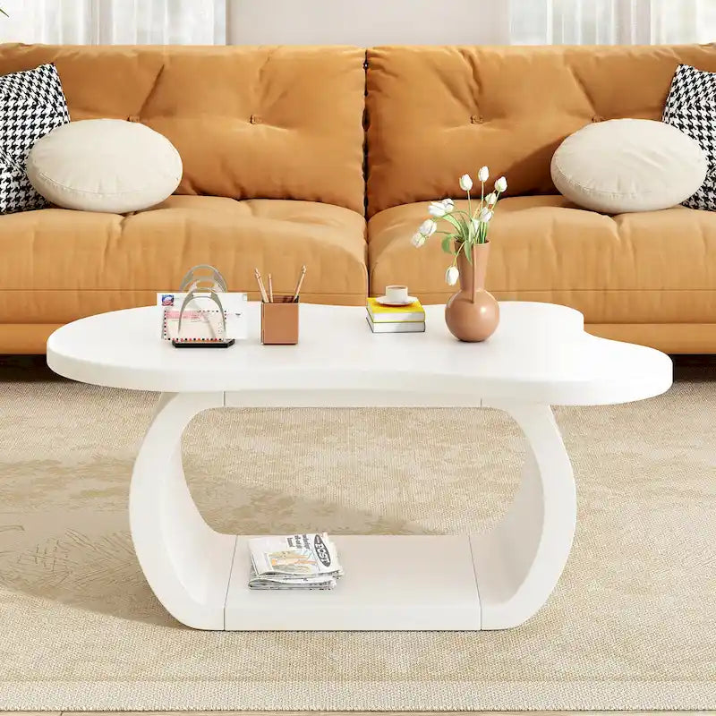 Table basse nuage moderne avec plateau de 1.5 d’épaisseur, table d’appoint irrégulière couleur crème aux pieds courbés, table décorative au design unique