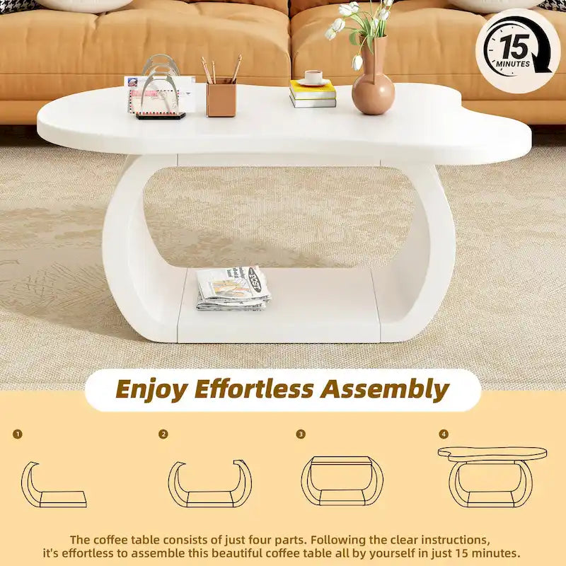 Table basse nuage moderne avec plateau de 1.5 d’épaisseur, table d’appoint irrégulière couleur crème aux pieds courbés, table décorative au design unique