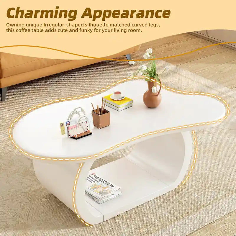 Table basse nuage moderne avec plateau de 1.5 d’épaisseur, table d’appoint irrégulière couleur crème aux pieds courbés, table décorative au design unique