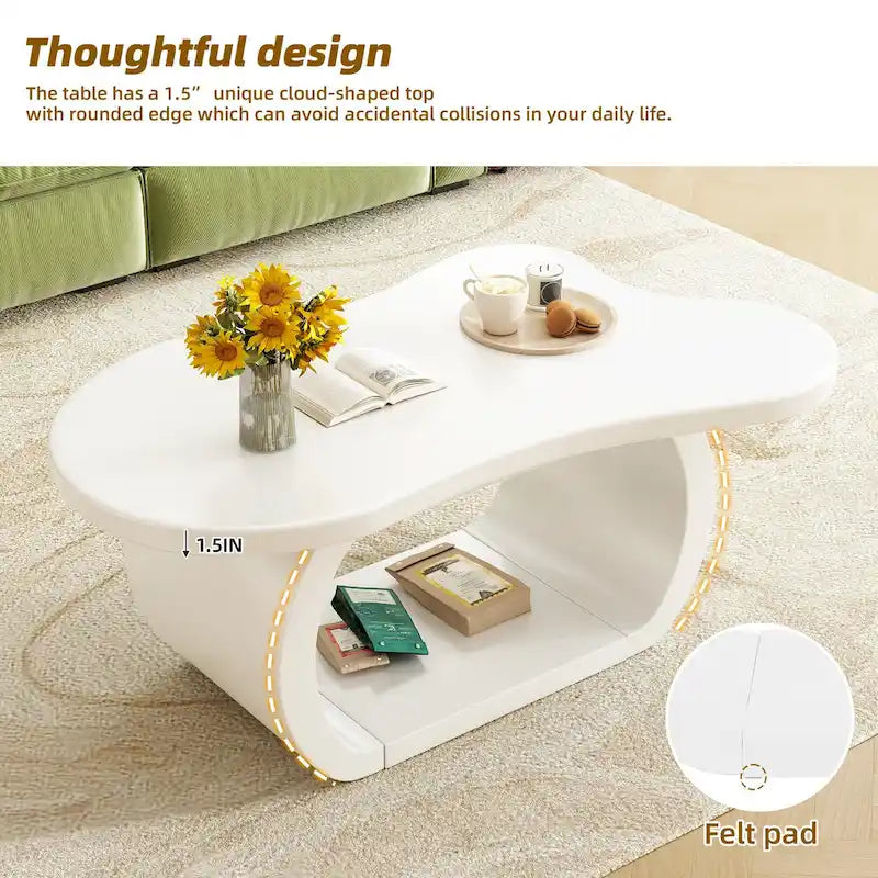 Table basse nuage moderne avec plateau de 1.5 d’épaisseur, table d’appoint irrégulière couleur crème aux pieds courbés, table décorative au design unique