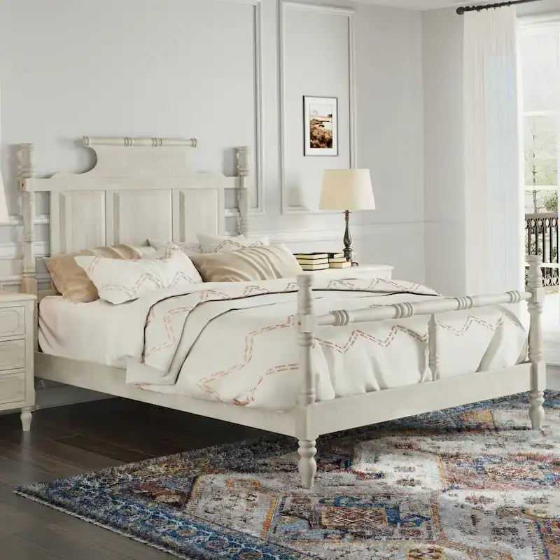 Plattformbett im Vintage-Landhausstil in Queen-Size mit vier Pfosten und kronenförmigem, 56.9 hohem Kopfteil, kein Boxspringbett erforderlich