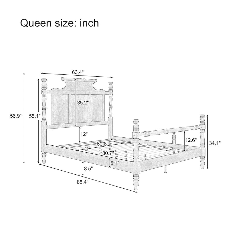 Plattformbett im Vintage-Landhausstil in Queen-Size mit vier Pfosten und kronenförmigem, 56.9 hohem Kopfteil, kein Boxspringbett erforderlich