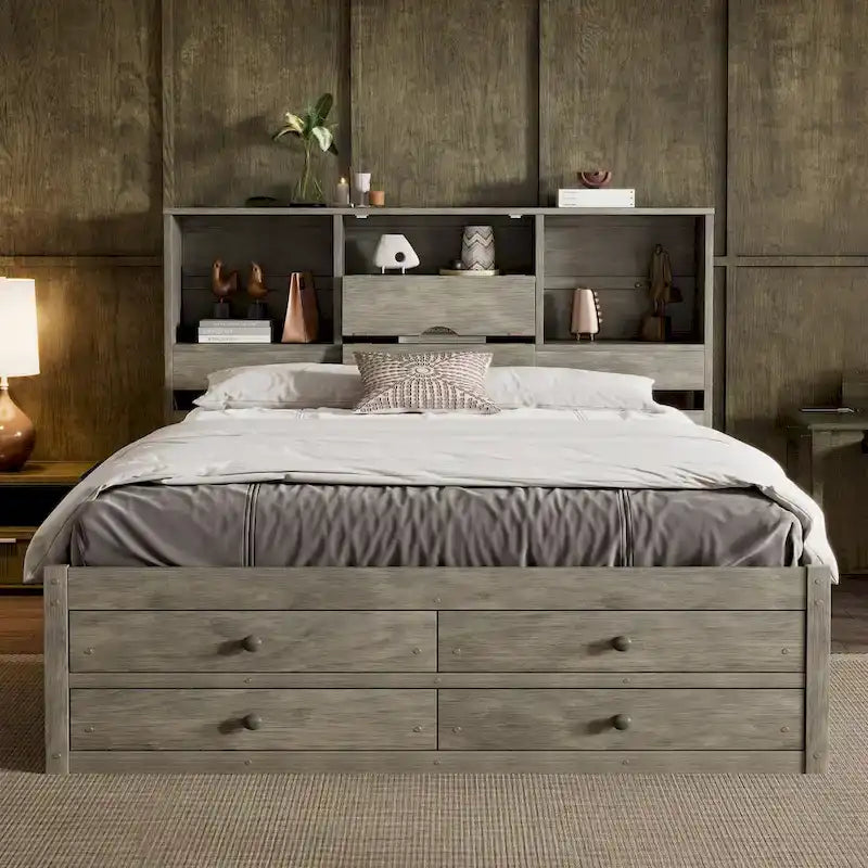 Plattformbett in Queensize mit Kopfteil mit Stauraum und 8 Schubladen, Grau