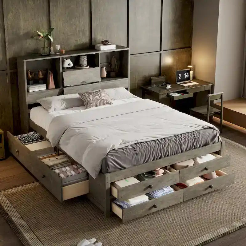 Plattformbett in Queensize mit Kopfteil mit Stauraum und 8 Schubladen, Grau