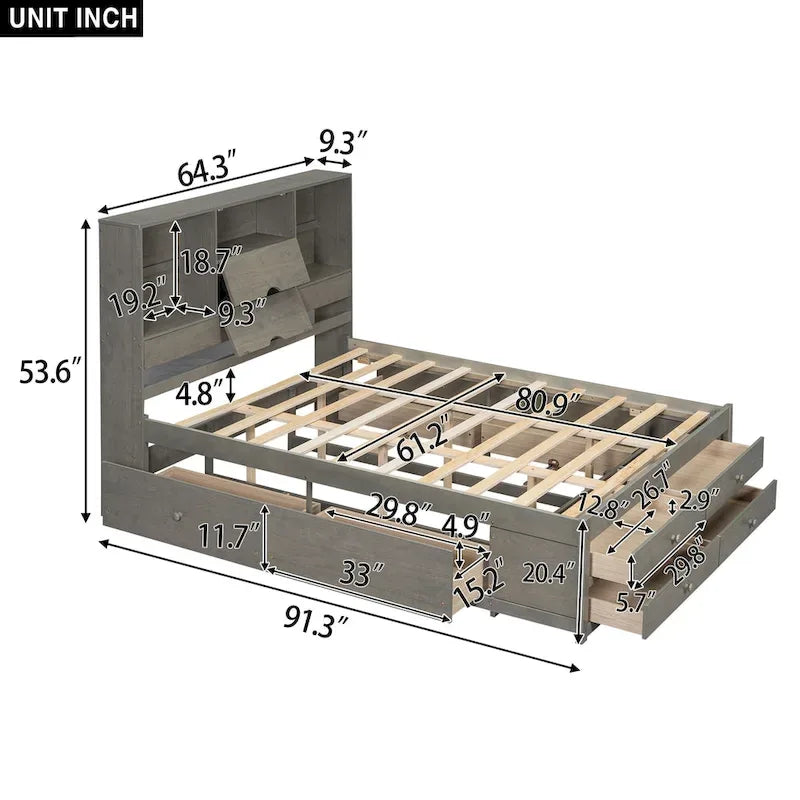 Plattformbett in Queensize mit Kopfteil mit Stauraum und 8 Schubladen, Grau