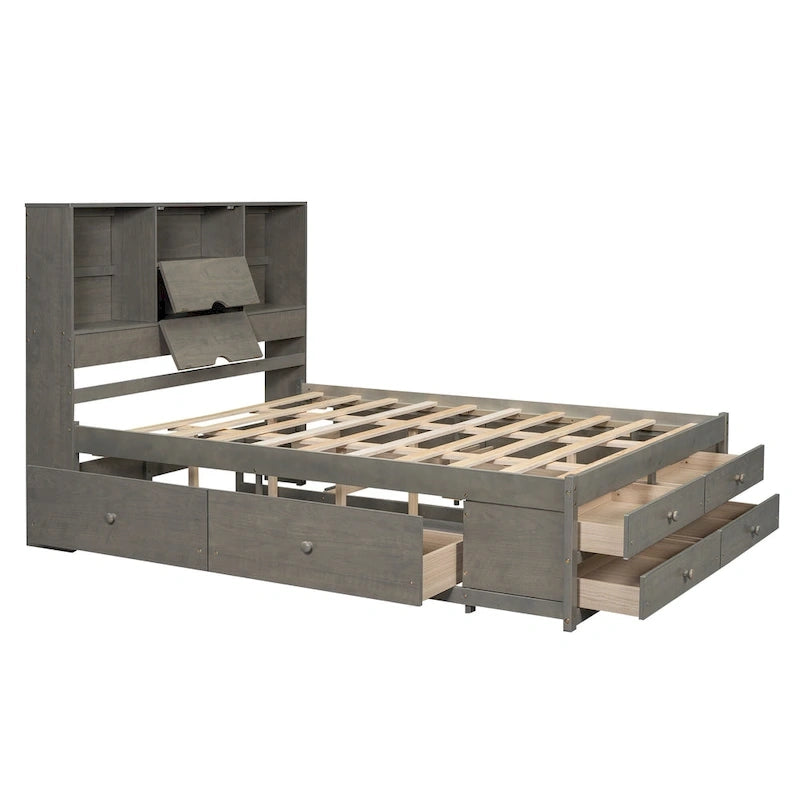Plattformbett in Queensize mit Kopfteil mit Stauraum und 8 Schubladen, Grau