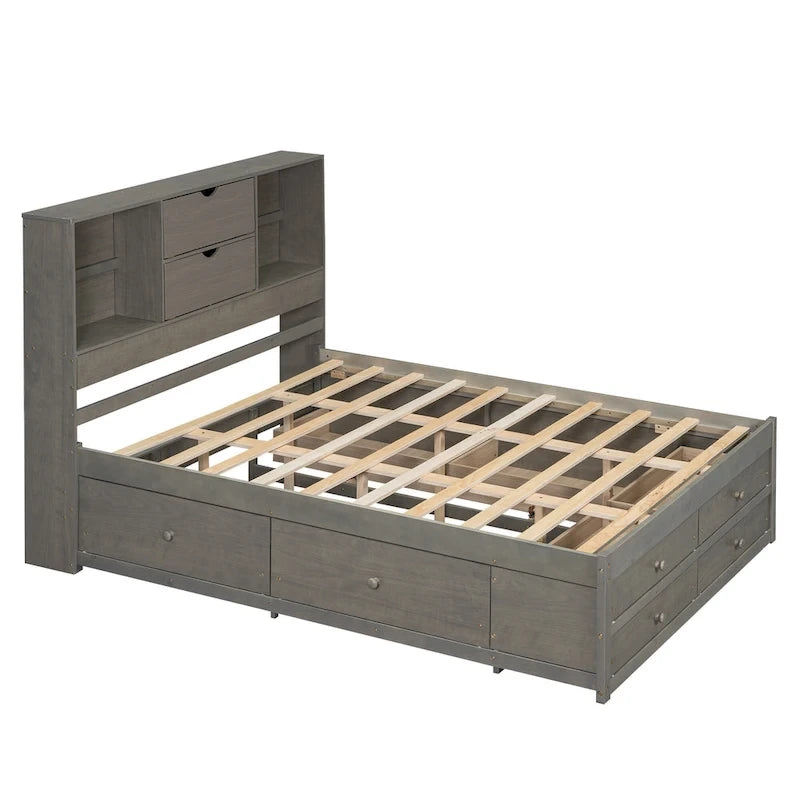 Plattformbett in Queensize mit Kopfteil mit Stauraum und 8 Schubladen, Grau
