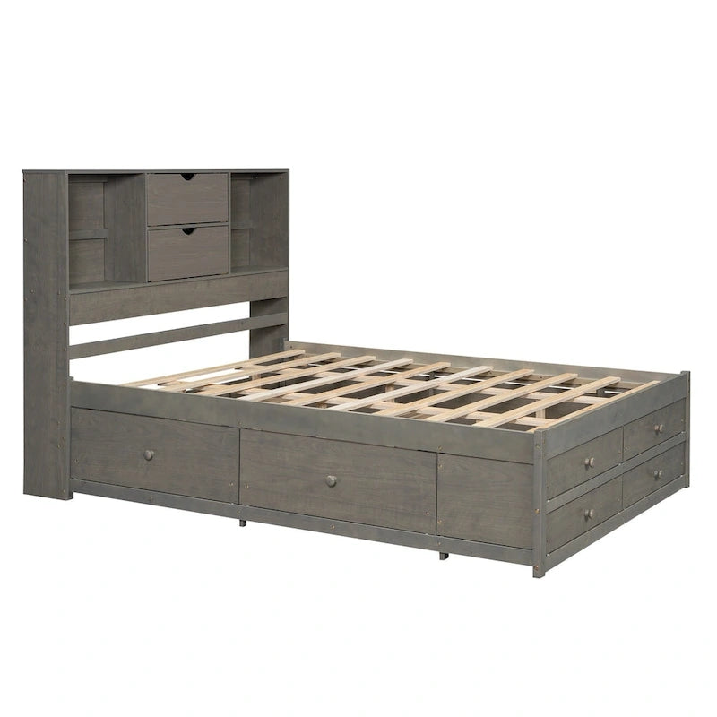 Plattformbett in Queensize mit Kopfteil mit Stauraum und 8 Schubladen, Grau