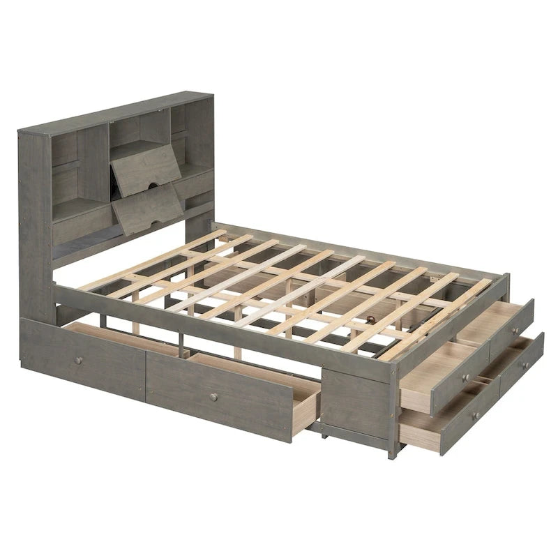 Plattformbett in Queensize mit Kopfteil mit Stauraum und 8 Schubladen, Grau