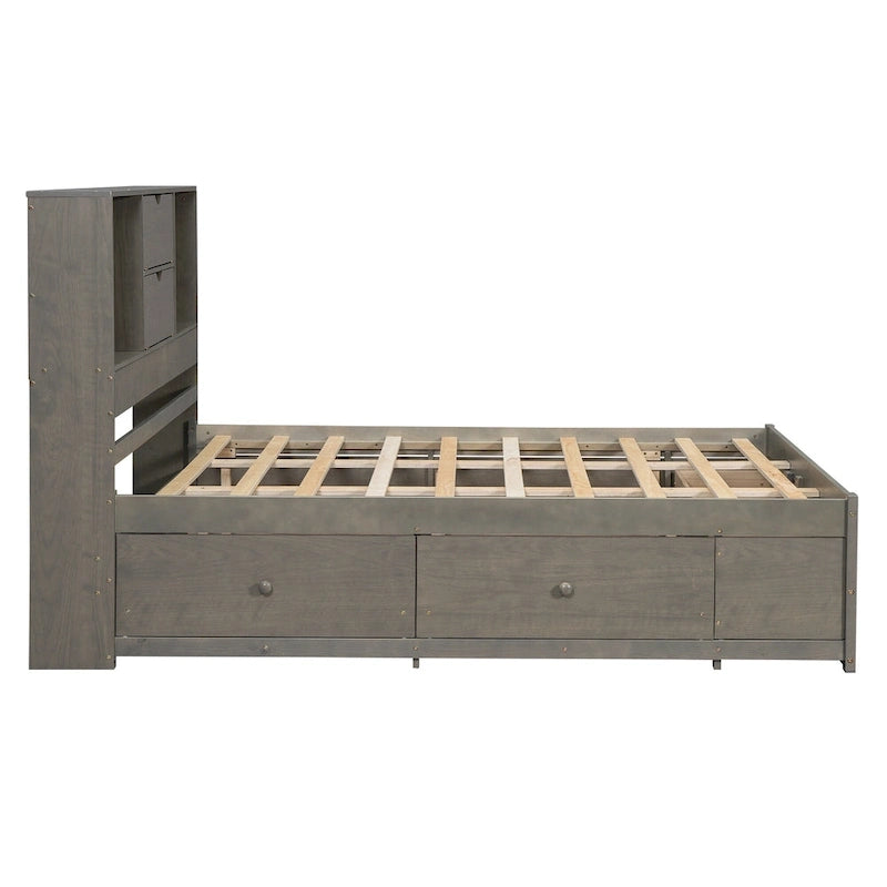 Plattformbett in Queensize mit Kopfteil mit Stauraum und 8 Schubladen, Grau