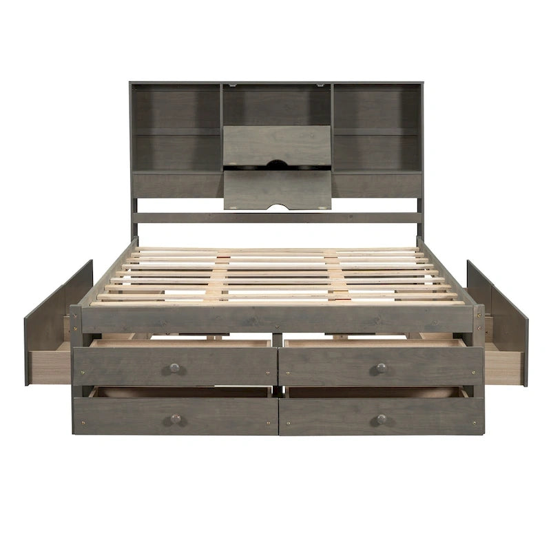 Plattformbett in Queensize mit Kopfteil mit Stauraum und 8 Schubladen, Grau