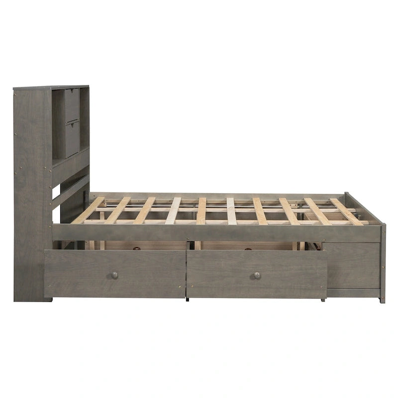 Plattformbett in Queensize mit Kopfteil mit Stauraum und 8 Schubladen, Grau