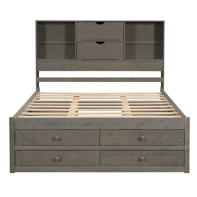 Plattformbett in Queensize mit Kopfteil mit Stauraum und 8 Schubladen, Grau