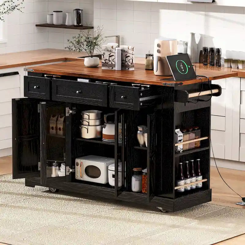 Îlot de cuisine sur roulettes verrouillables avec tablette rabattable, îlot mobile avec 2 portes en verre trempé, prise électrique et 5 étagères ouvertes