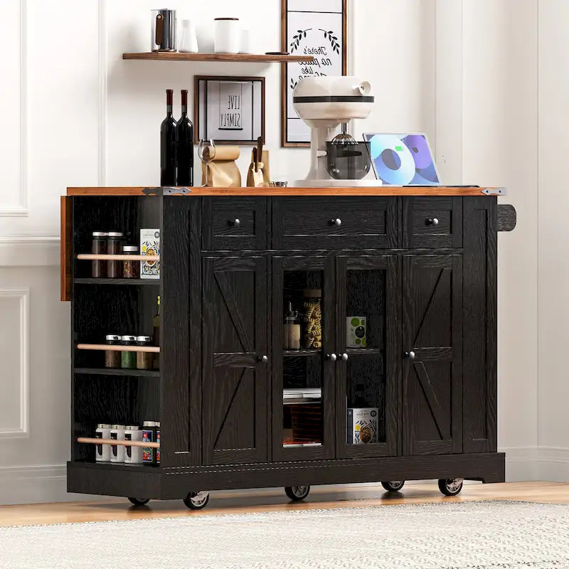 Îlot de cuisine sur roulettes verrouillables avec tablette rabattable, îlot mobile avec 2 portes en verre trempé, prise électrique et 5 étagères ouvertes