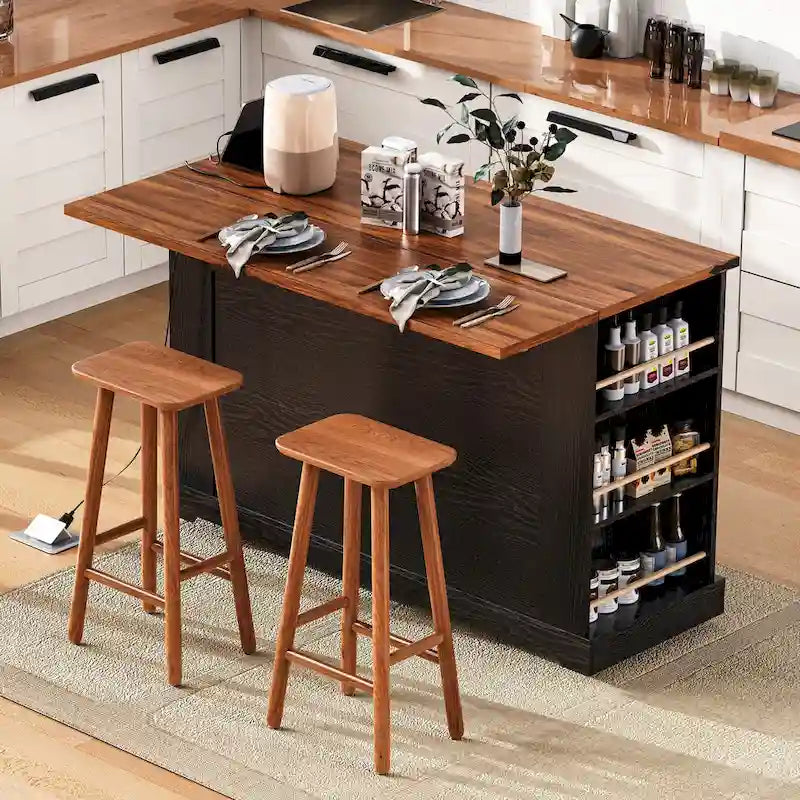Îlot de cuisine sur roulettes verrouillables avec tablette rabattable, îlot mobile avec 2 portes en verre trempé, prise électrique et 5 étagères ouvertes
