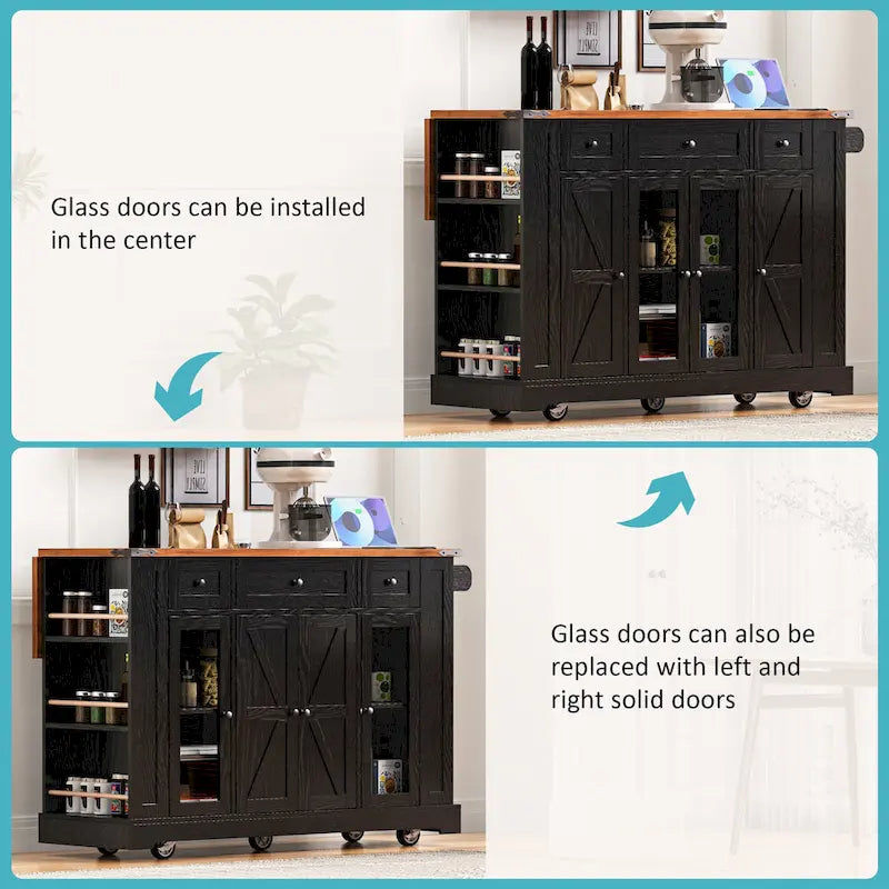 Îlot de cuisine sur roulettes verrouillables avec tablette rabattable, îlot mobile avec 2 portes en verre trempé, prise électrique et 5 étagères ouvertes