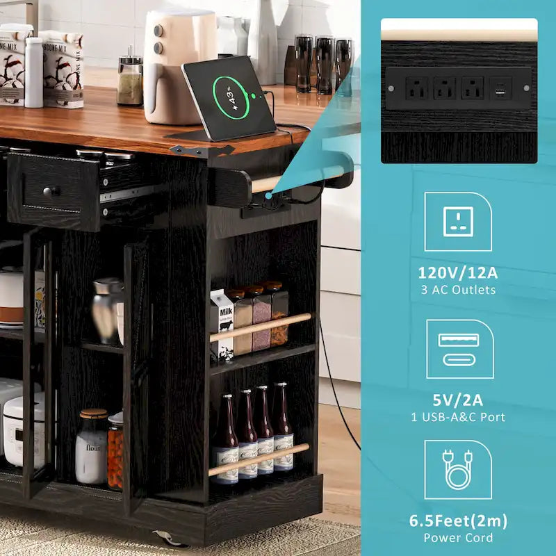 Îlot de cuisine sur roulettes verrouillables avec tablette rabattable, îlot mobile avec 2 portes en verre trempé, prise électrique et 5 étagères ouvertes