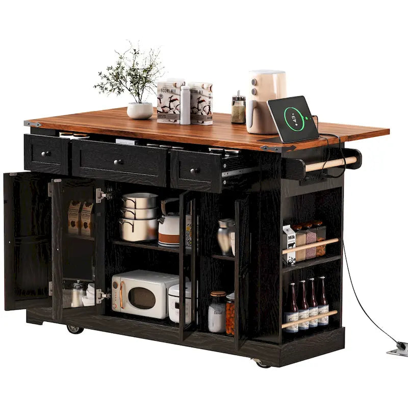 Îlot de cuisine sur roulettes verrouillables avec tablette rabattable, îlot mobile avec 2 portes en verre trempé, prise électrique et 5 étagères ouvertes