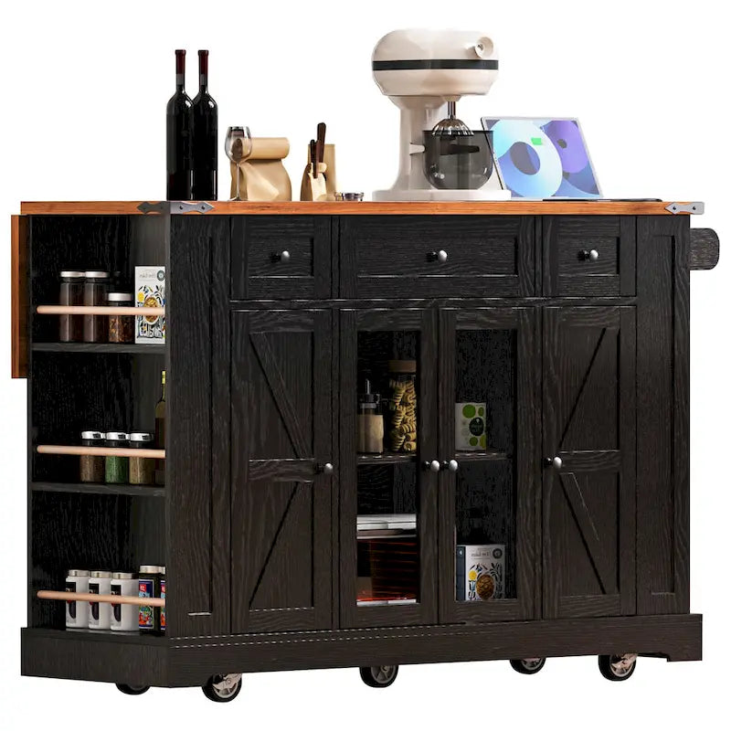 Îlot de cuisine sur roulettes verrouillables avec tablette rabattable, îlot mobile avec 2 portes en verre trempé, prise électrique et 5 étagères ouvertes