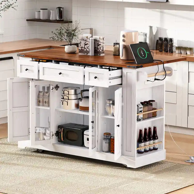 Îlot de cuisine sur roulettes verrouillables avec tablette rabattable, îlot mobile avec 2 portes en verre trempé, prise électrique et 5 étagères ouvertes