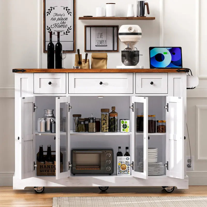 Îlot de cuisine sur roulettes verrouillables avec tablette rabattable, îlot mobile avec 2 portes en verre trempé, prise électrique et 5 étagères ouvertes