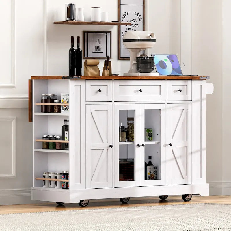 Îlot de cuisine sur roulettes verrouillables avec tablette rabattable, îlot mobile avec 2 portes en verre trempé, prise électrique et 5 étagères ouvertes
