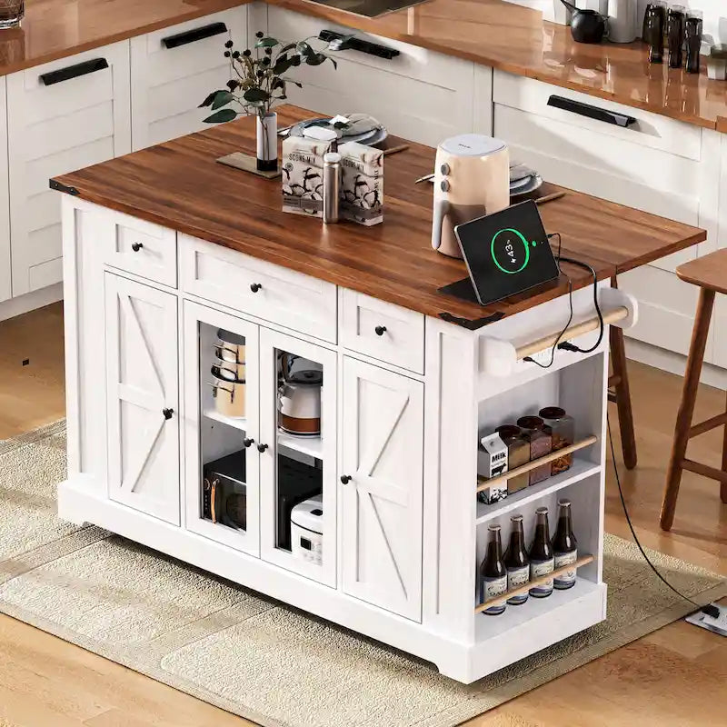 Îlot de cuisine sur roulettes verrouillables avec tablette rabattable, îlot mobile avec 2 portes en verre trempé, prise électrique et 5 étagères ouvertes