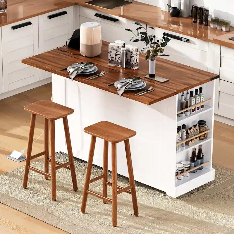 Îlot de cuisine sur roulettes verrouillables avec tablette rabattable, îlot mobile avec 2 portes en verre trempé, prise électrique et 5 étagères ouvertes