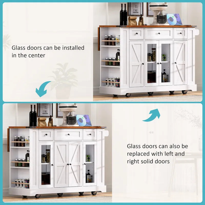 Îlot de cuisine sur roulettes verrouillables avec tablette rabattable, îlot mobile avec 2 portes en verre trempé, prise électrique et 5 étagères ouvertes