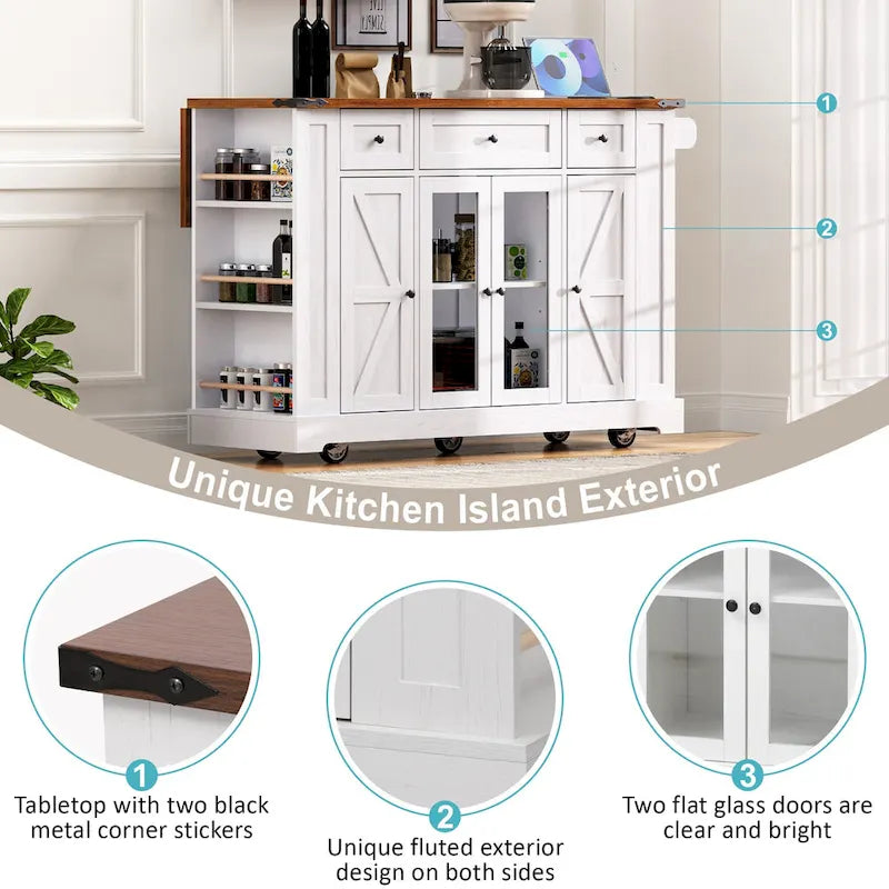 Îlot de cuisine sur roulettes verrouillables avec tablette rabattable, îlot mobile avec 2 portes en verre trempé, prise électrique et 5 étagères ouvertes