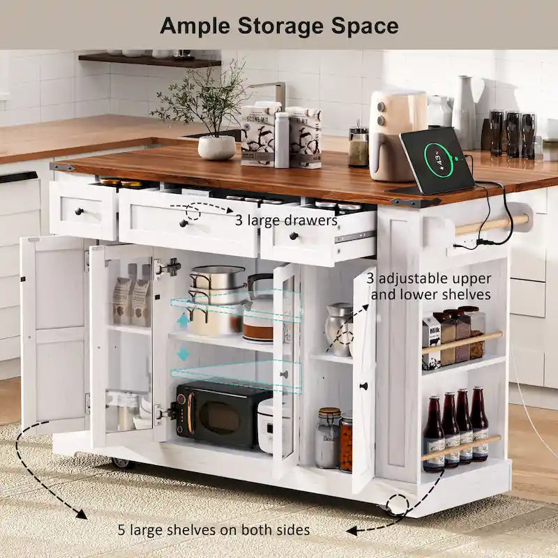 Îlot de cuisine sur roulettes verrouillables avec tablette rabattable, îlot mobile avec 2 portes en verre trempé, prise électrique et 5 étagères ouvertes