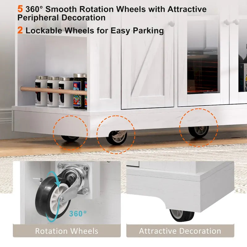 Îlot de cuisine sur roulettes verrouillables avec tablette rabattable, îlot mobile avec 2 portes en verre trempé, prise électrique et 5 étagères ouvertes