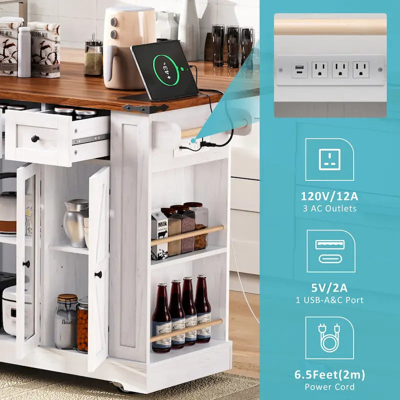 Îlot de cuisine sur roulettes verrouillables avec tablette rabattable, îlot mobile avec 2 portes en verre trempé, prise électrique et 5 étagères ouvertes