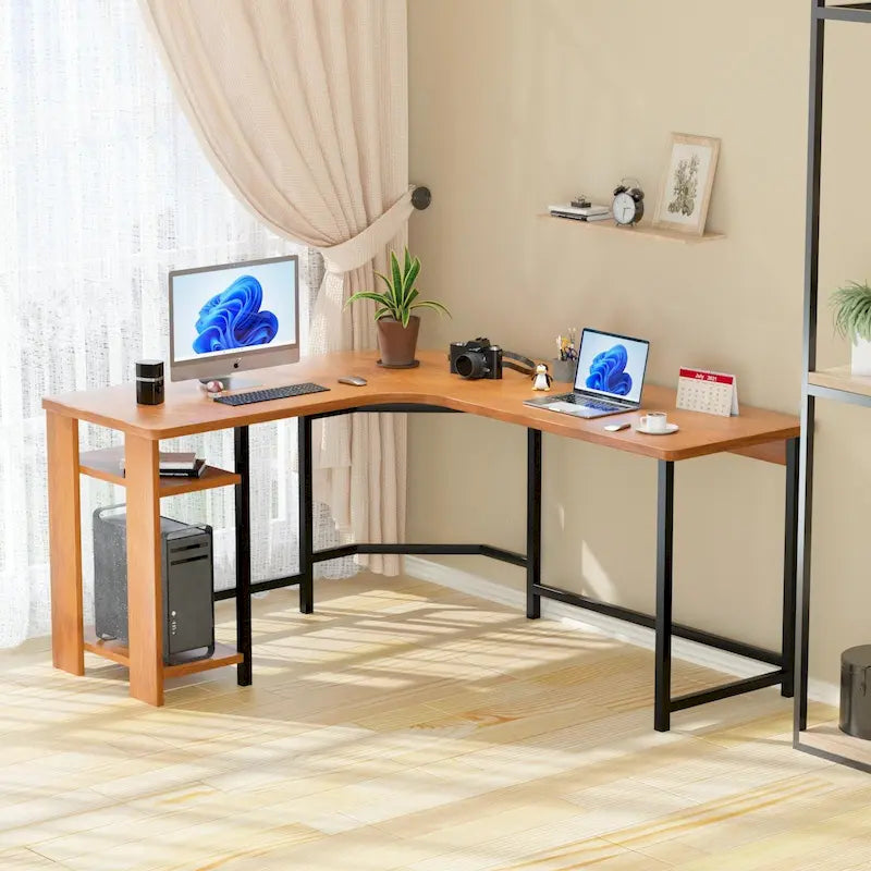 Moderner L-förmiger Gaming-PC-Schreibtisch mit Holz- und schwarzem Gestell fürs Homeoffice und Arbeitszimmer