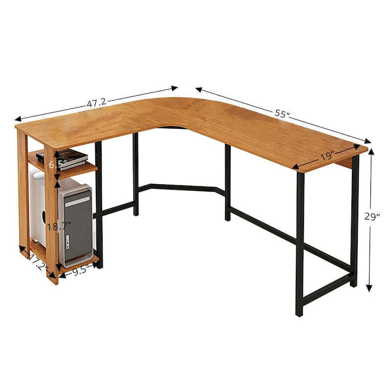 Moderner L-förmiger Gaming-PC-Schreibtisch mit Holz- und schwarzem Gestell fürs Homeoffice und Arbeitszimmer