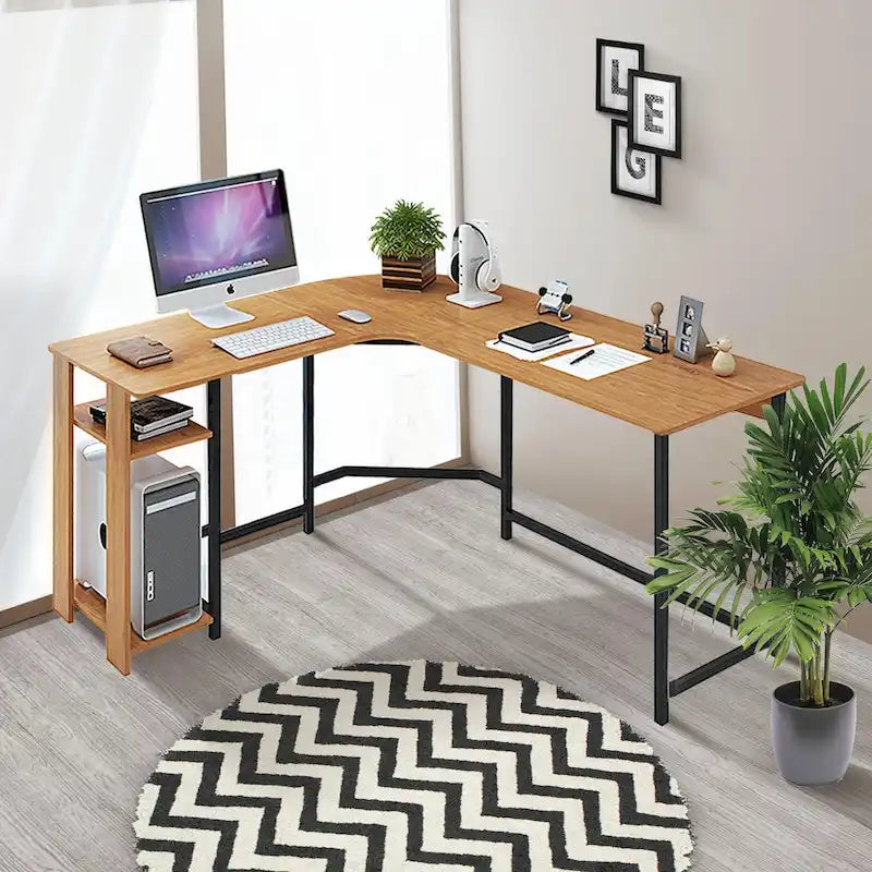 Moderner L-förmiger Gaming-PC-Schreibtisch mit Holz- und schwarzem Gestell fürs Homeoffice und Arbeitszimmer