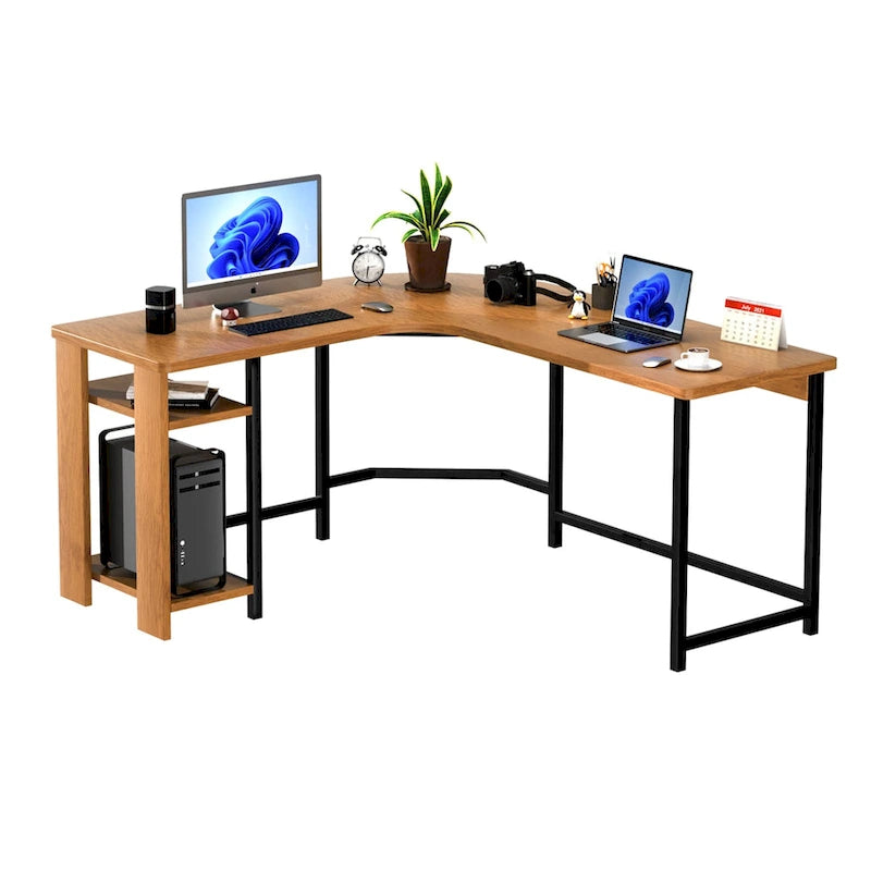 Moderner L-förmiger Gaming-PC-Schreibtisch mit Holz- und schwarzem Gestell fürs Homeoffice und Arbeitszimmer