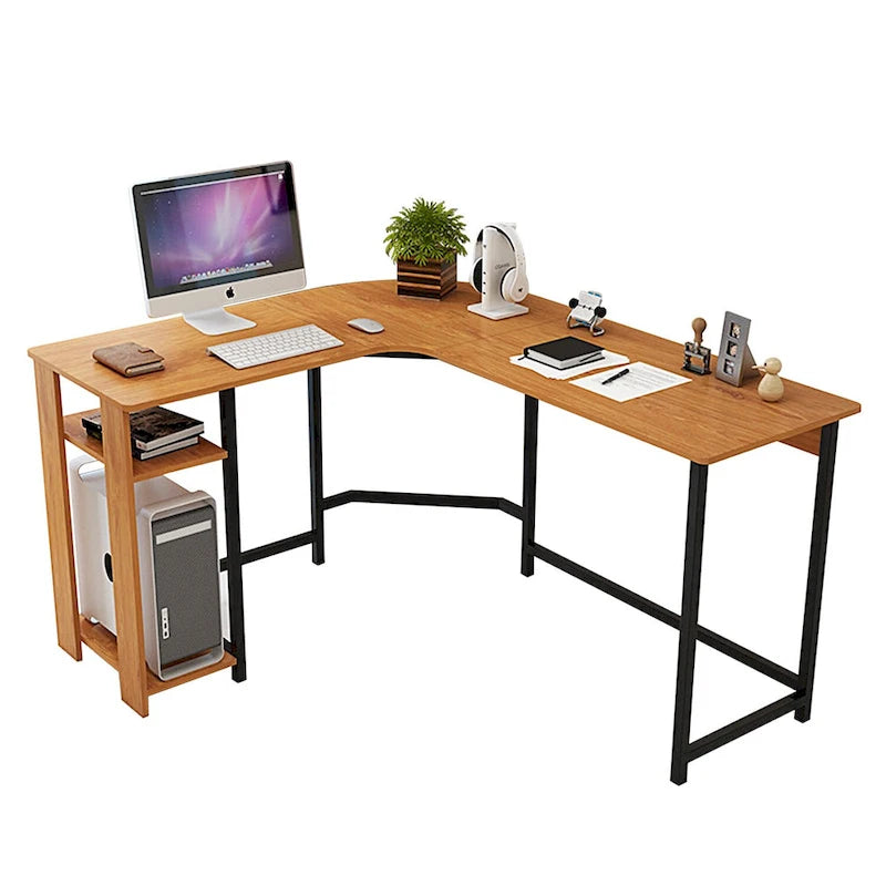 Moderner L-förmiger Gaming-PC-Schreibtisch mit Holz- und schwarzem Gestell fürs Homeoffice und Arbeitszimmer