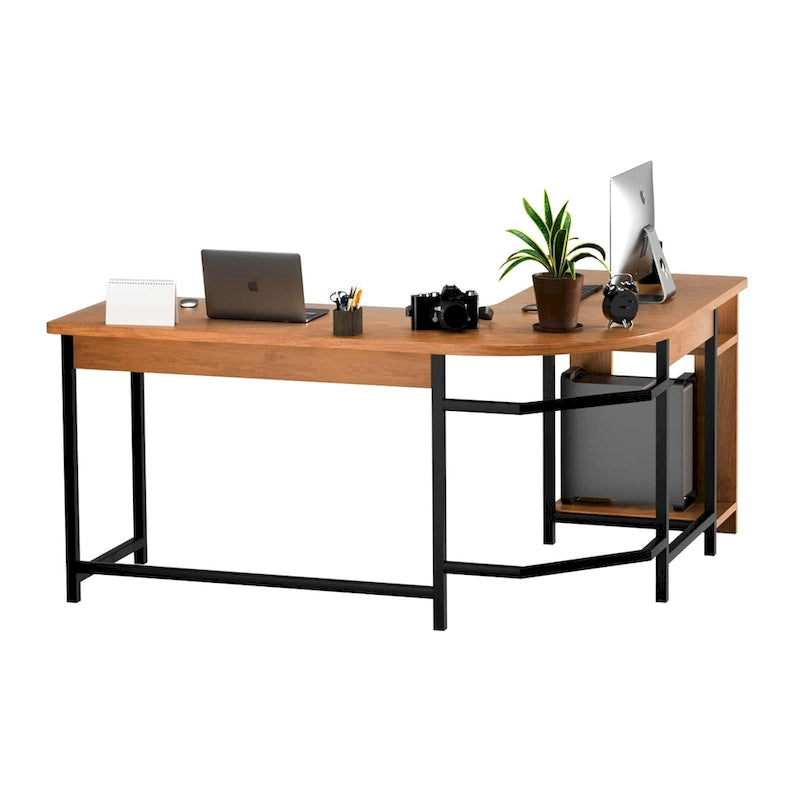 Moderner L-förmiger Gaming-PC-Schreibtisch mit Holz- und schwarzem Gestell fürs Homeoffice und Arbeitszimmer