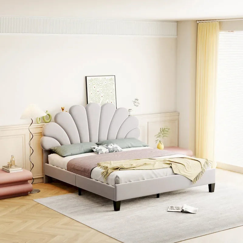 Upholstered Platform Bed with Flower Pattern Headboard