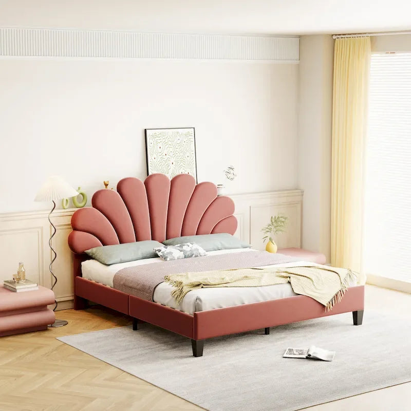 Cama con plataforma tapizada y cabecero con estampado floral