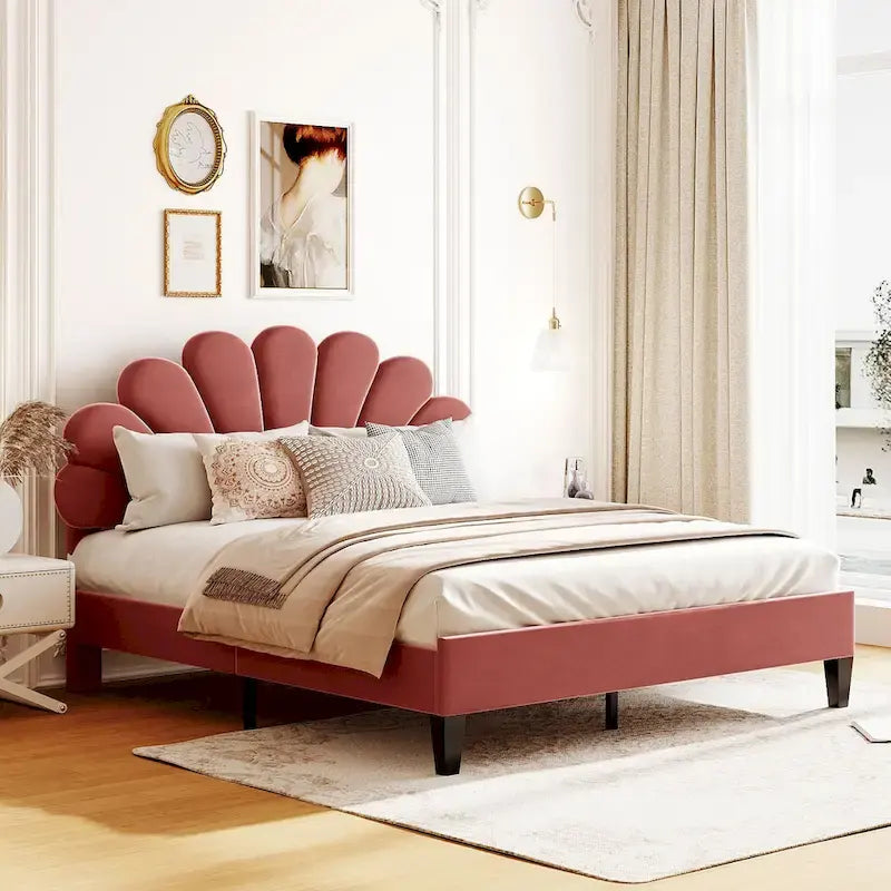 Cama con plataforma tapizada y cabecero con estampado floral