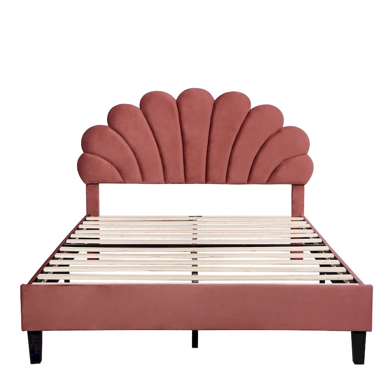 Cama con plataforma tapizada y cabecero con estampado floral