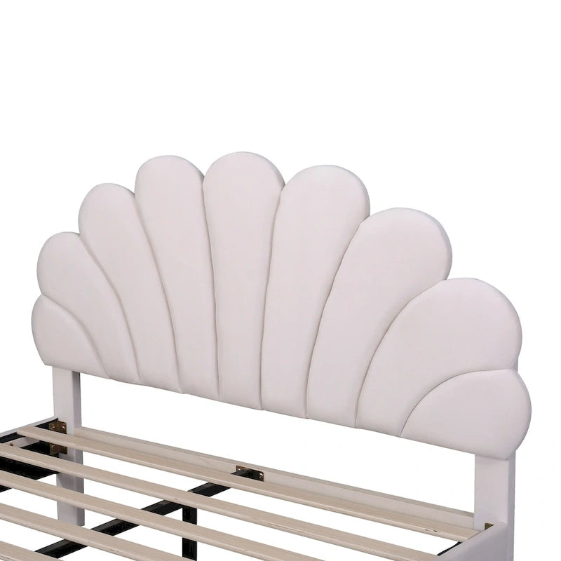 Cama con plataforma tapizada y cabecero con estampado floral
