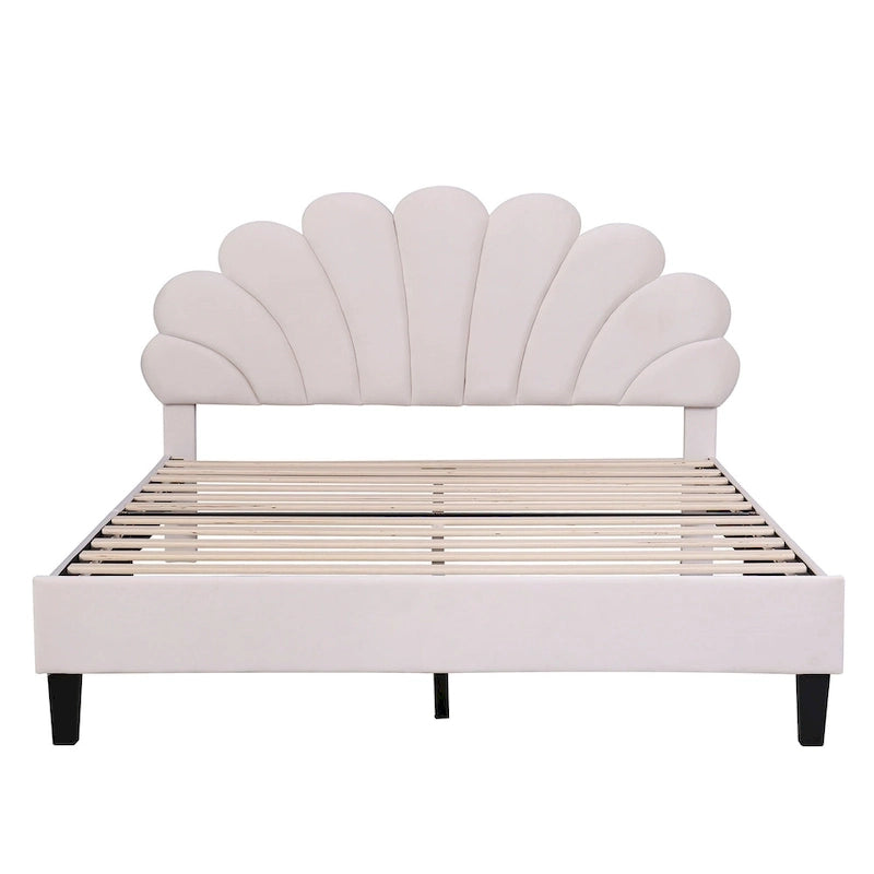 Cama con plataforma tapizada y cabecero con estampado floral