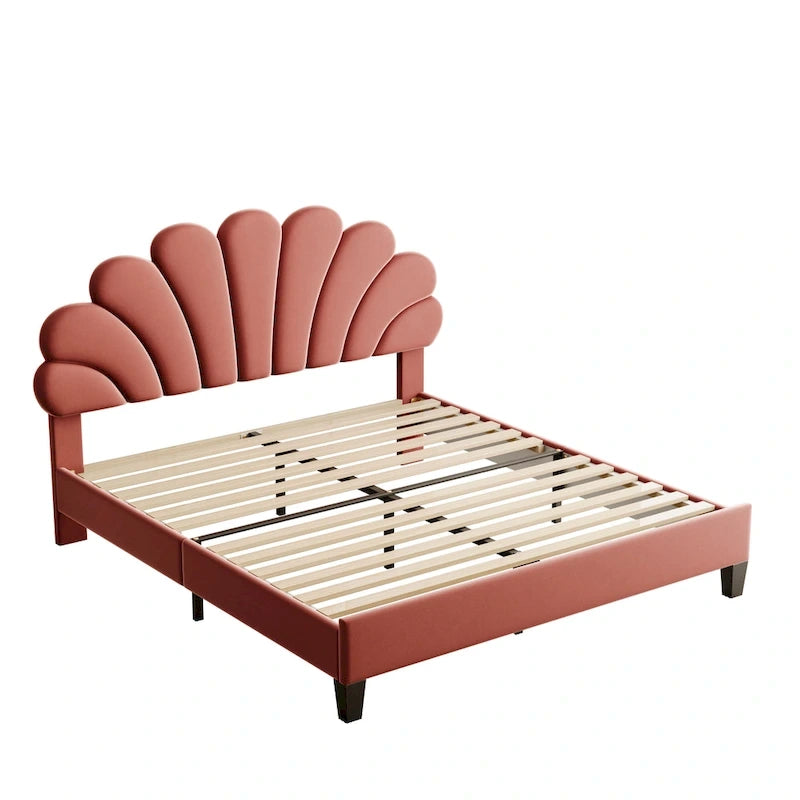 Cama con plataforma tapizada y cabecero con estampado floral