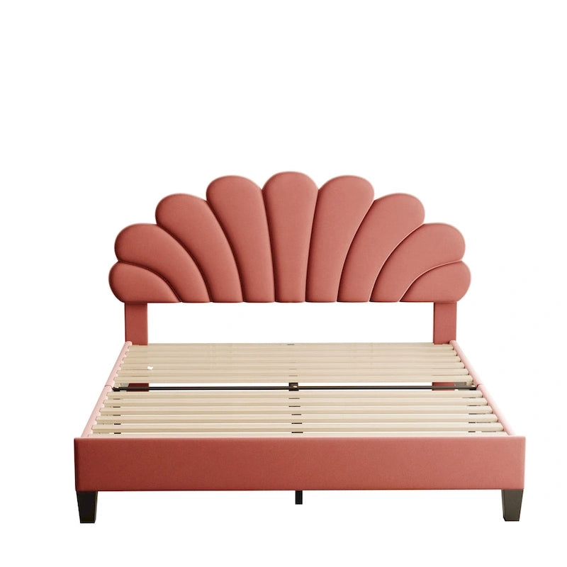 Cama con plataforma tapizada y cabecero con estampado floral