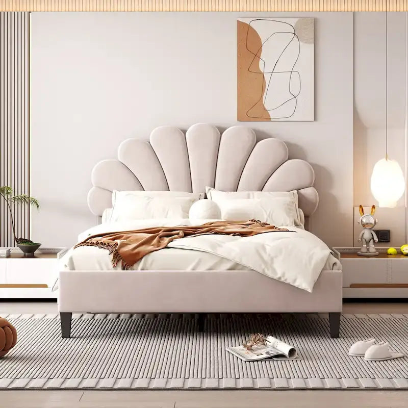 Cama con plataforma tapizada y cabecero con estampado floral